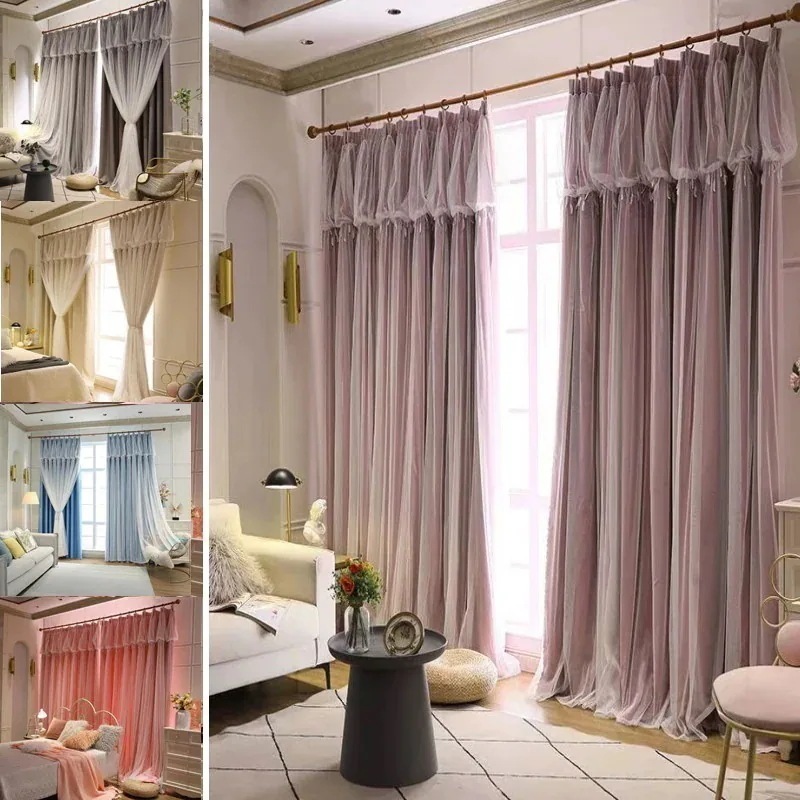 5色 遮光カーテン+レース プリンセス風 断熱 遮光 省エネ無地 レースカーテン UVカット防音