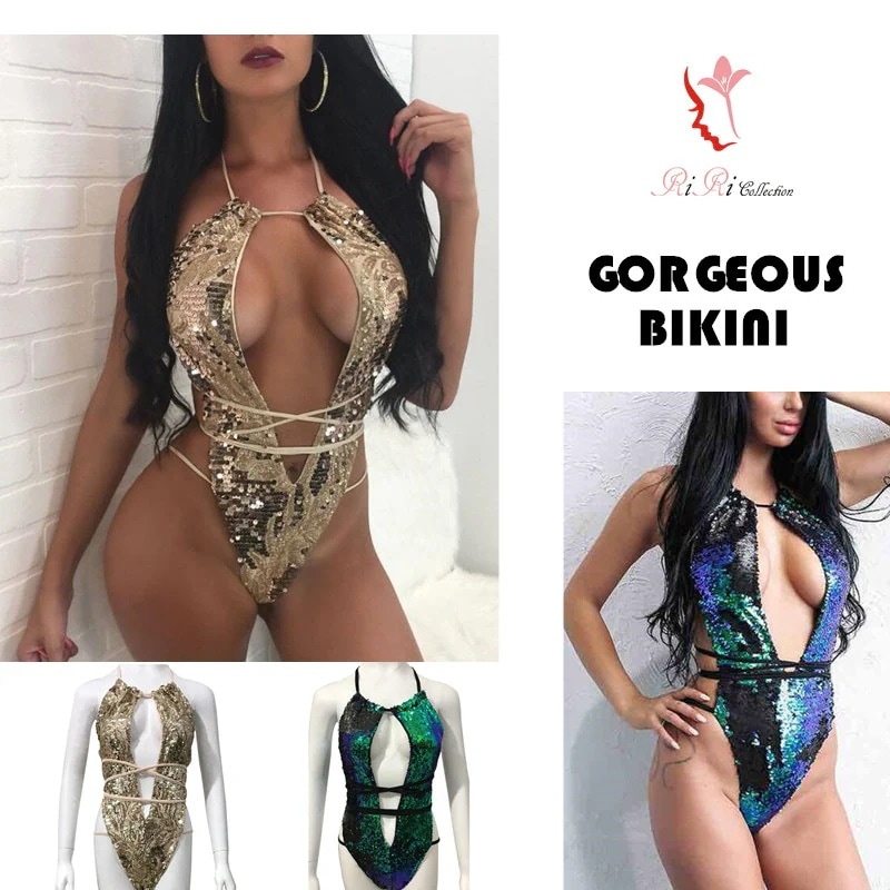 新作 セクシービキニ クロスビキニ 2色 キラキラ ゴールド グリーン ゴージャス スパンコール リング S～XLサイズ レディース水着 ビキニ 海 旅行 新婚旅行 温泉 海外 リゾット セレ