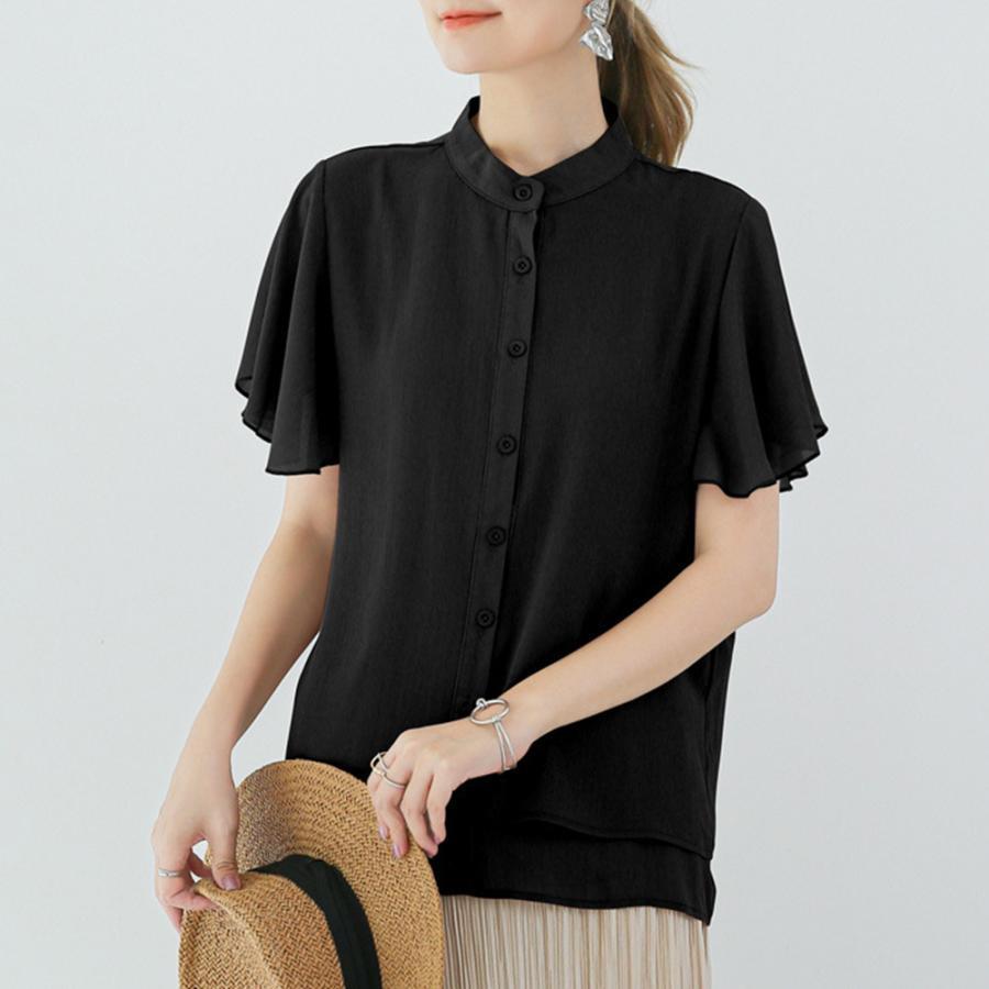 春 夏 秋 フレアー袖ブラウス バンドカラー 半袖夏