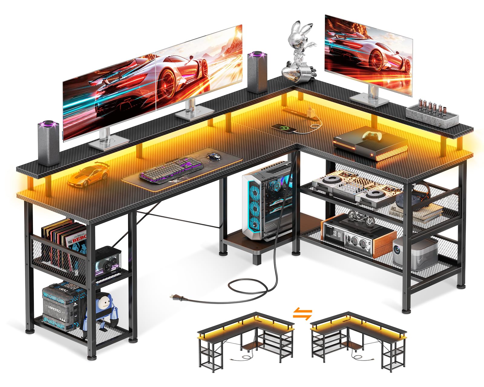 ゲーミングデスク パソコンデスク コンセント付き l字デスク 机 pcデスク LEDライト付き 勉強机 棚付き オフィスデスク 幅150 ワークデスク 桌子 在宅勤務 事務机 組立 78408