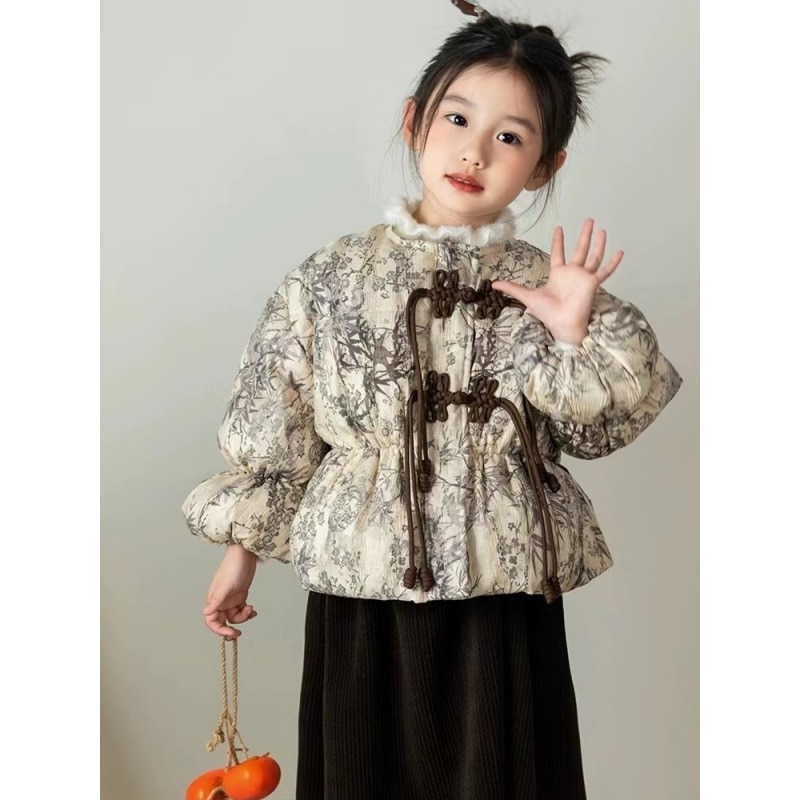 2024新しい女の子中年幼児向けの子供用ダウンジャケット中国風レトロジャケットフード付き暖かく厚みのある