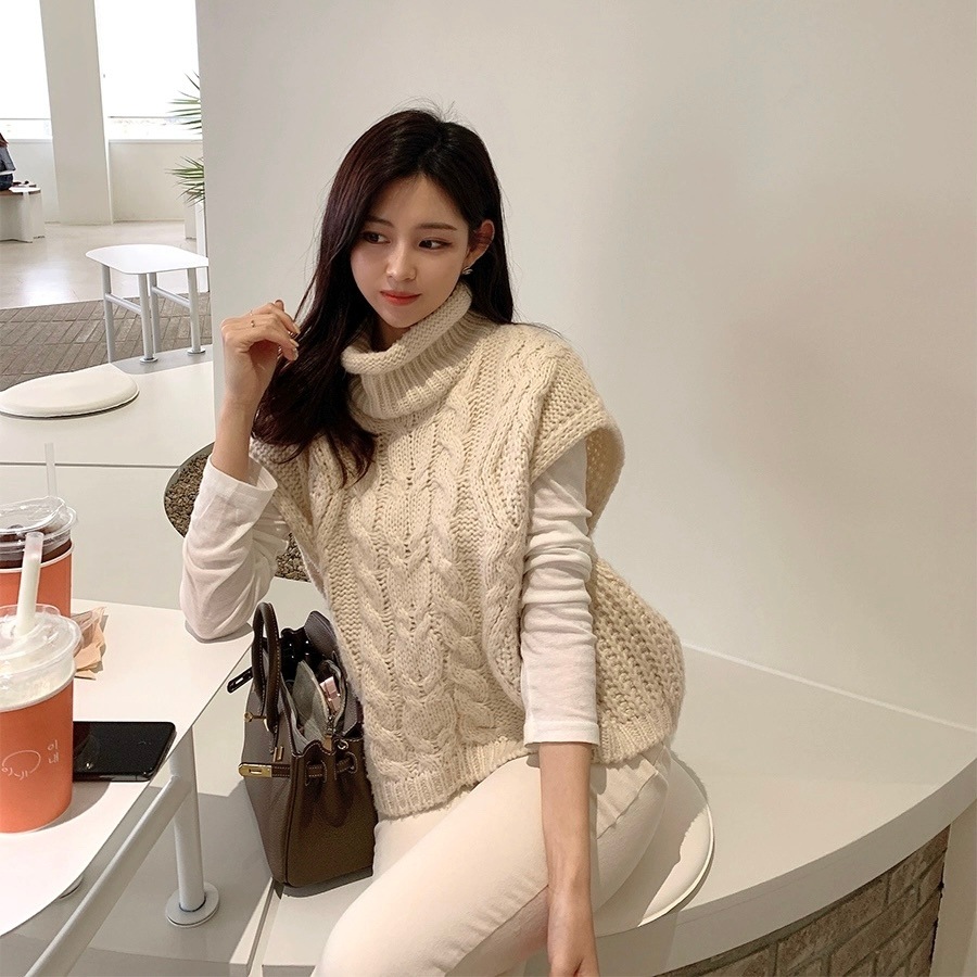 レディース トップス セーター ベスト ノースリーブ タートルネック ルーズ 伸縮性 プルオーバー ニット 厚手 大人可愛い きれいめ シンプル 上品 お洒落 無地 フリーサイズ 20代 オルチャン