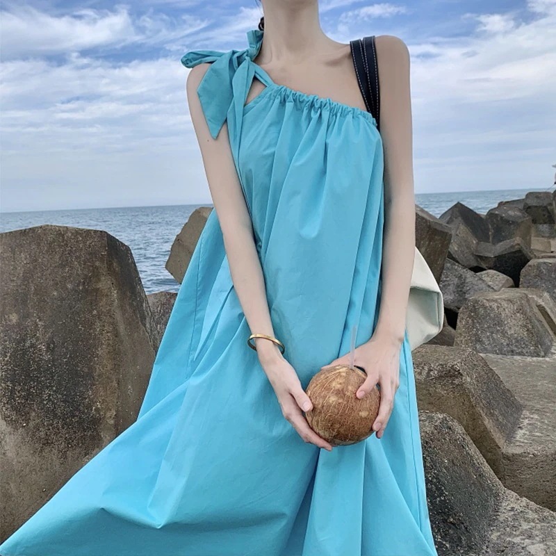 ワンショルダー キャミソールワンピース ワンピース キャミソール ロング ロング丈 マキシ マキシ丈 袖なし ノースリーブ ワンショル Aライン リボン かわいい 大人可愛い シンプル カジュアル