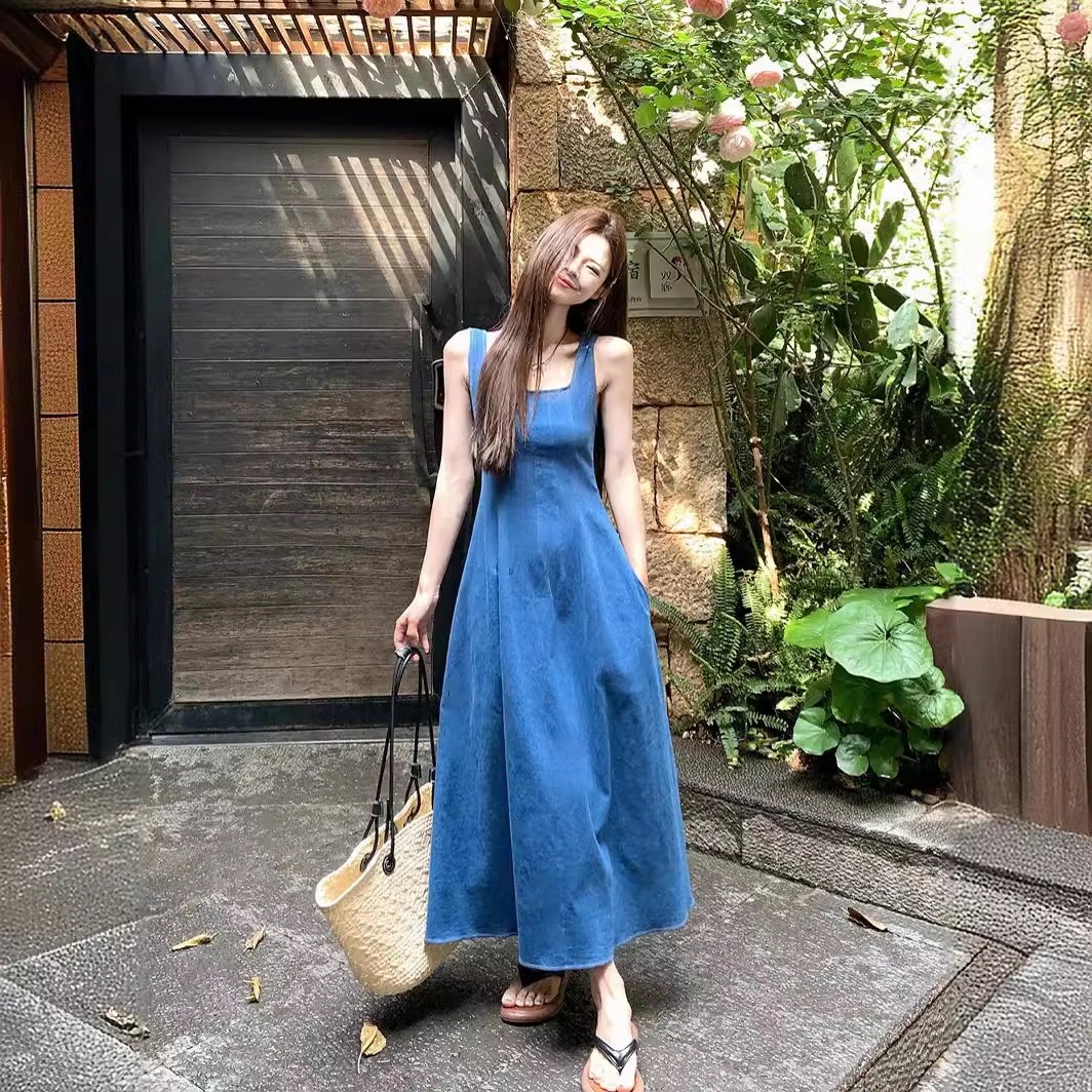 ブルーミストラブフレンチ新作女性服 ウエスト細いシンプルな気質ブルーデニムホルタードレス