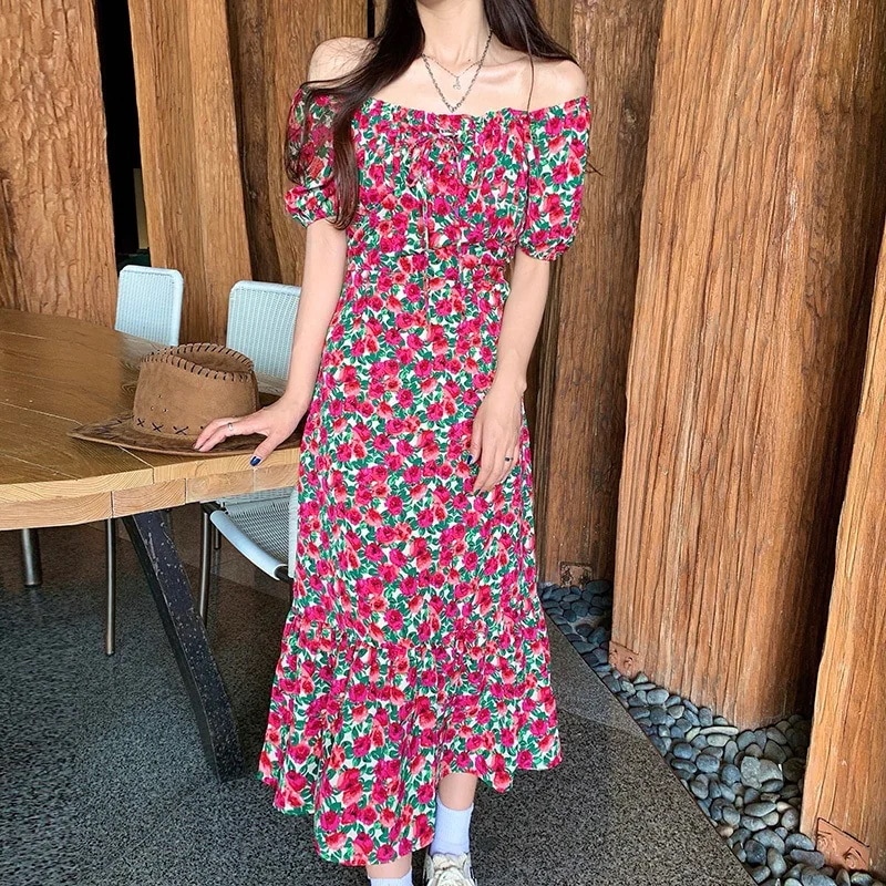 ワンピース レディース ロング ミモレ 半袖 オフショルダー ティアード プレーリー 赤 花柄 リボン 大きいサイズ エレガント お洒落 ガーリー かわいい リゾート ビーチ お出かけ デート レトロ