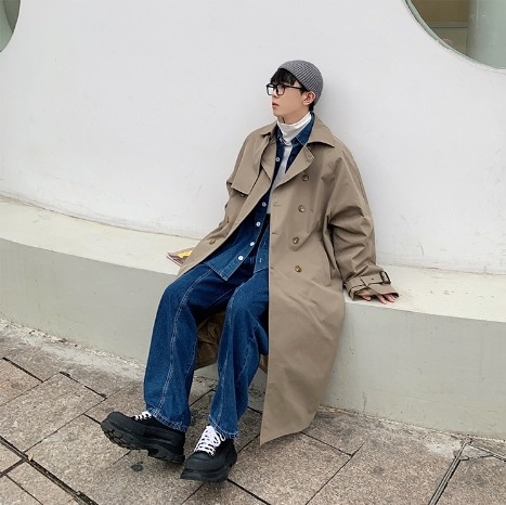 トレンチコート メンズファッション 秋 冬 アウター ジャケット ロング丈 長袖 襟付き ワイド 前開き シンプル 学生 10代 20代 きれいめ おしゃれ XL 2XL 3XL 4XL 5X