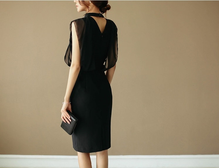TK0007 ワンピース タイト ハイネック ノースリーブ シフォン シースルー ブラックドレス ホルターネック
