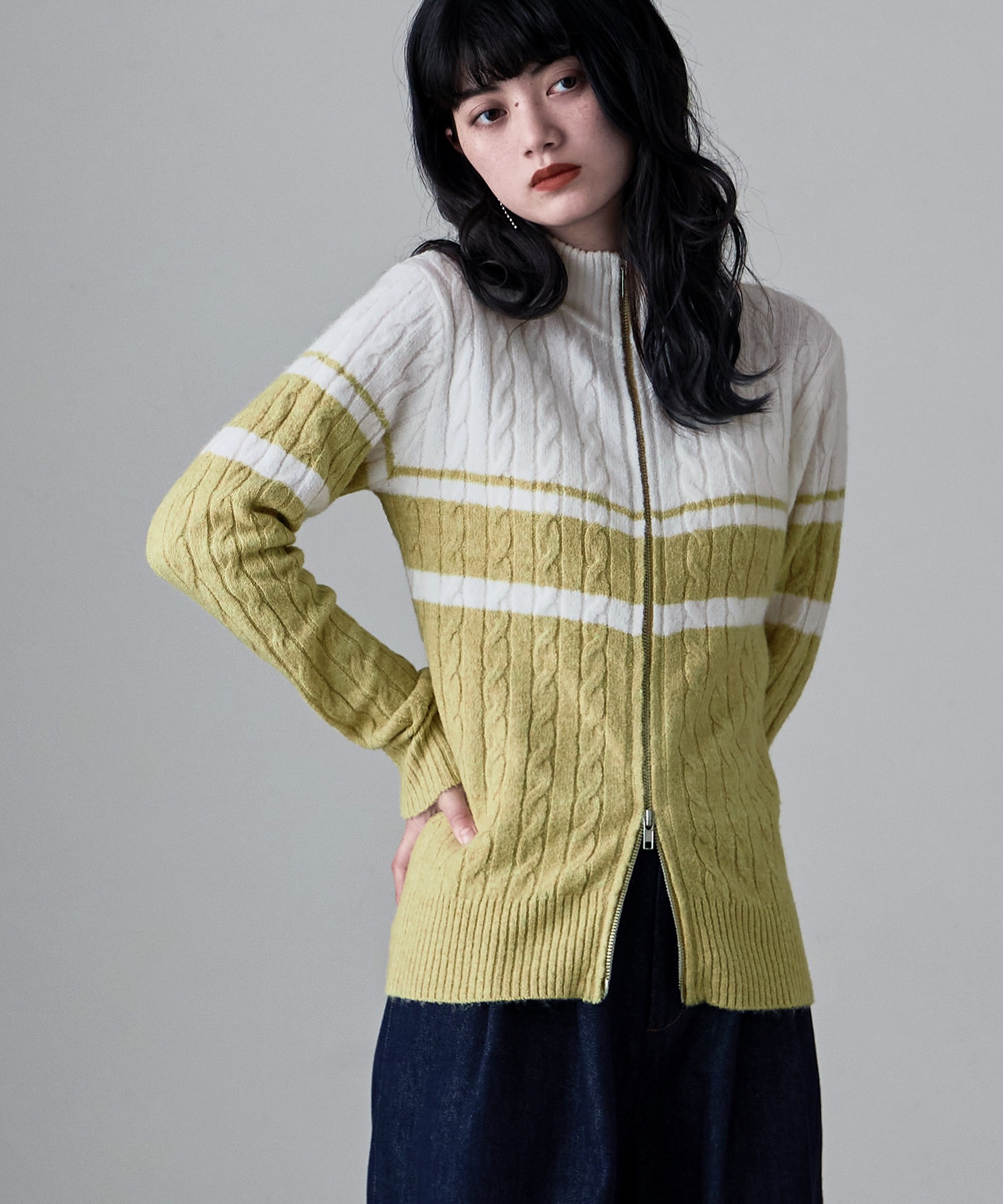 バイカラーWジップトラックニットカーディガン トップス アウター カーディガン ニット 長袖 カーデ ニットカーデ トラックニット ケーブル ハイネック スタンドネック バイカラー 配色 ウール混