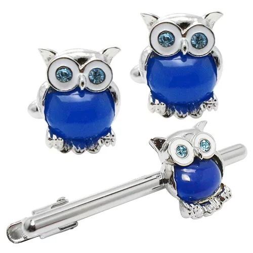 SWANK ブルー ミミズク フクロウ カフス ネクタイピン セット カフスボタン カフリンクス タイバー タイクリップ