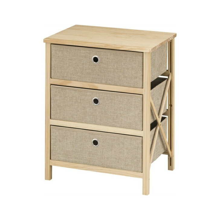 組立簡単チェスト3D タンス 天然木 パイン 布製 棚 収納 3段 リビング 寝室 LFS-853 ベージュ シンプル 横揺れ防止