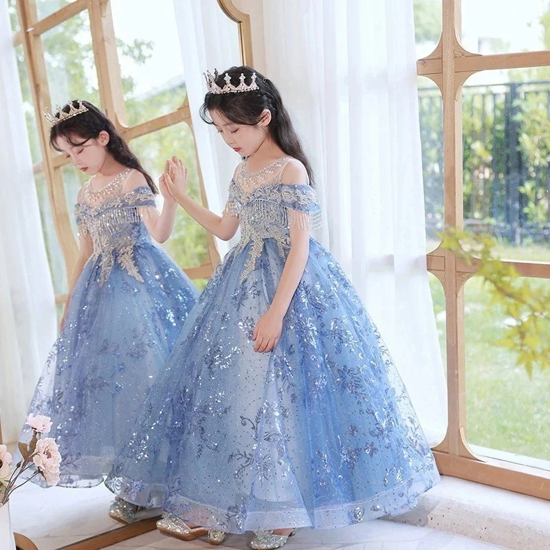 [現品/新品]子供のお姫様スカートポンポン紗花童重工曳尾小ピアノ童ドレス 演奏会 ウェディング 発表会 成人式 二次会 お呼ばれ