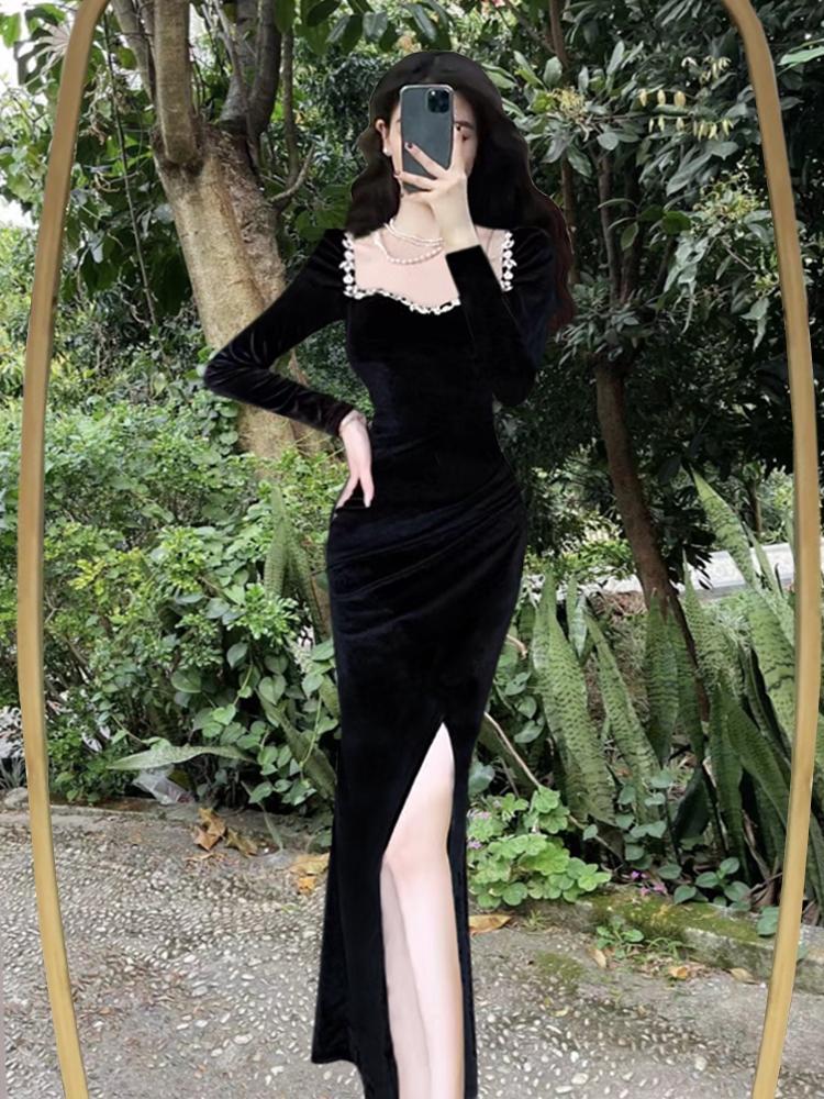 ロングドレス 宴会 ドレスのロングスカート レディー 秋冬 気質 高級 ブラック ベルベットの開叉