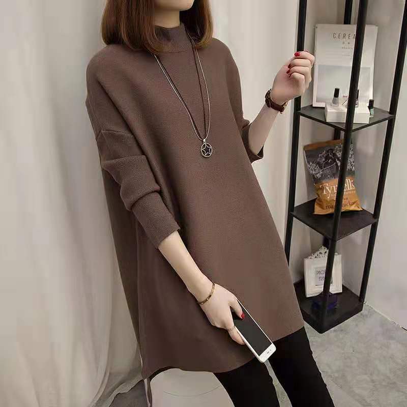 【輝いて超人気】 ハイネック ノーカラー 長袖 レディース 膝上丈 ニットセーター 秋 冬 レディース