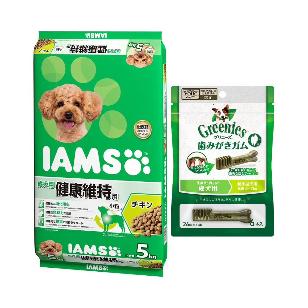成犬用　健康維持用　チキン　小粒　５ｋｇ＋グリニーズ　プラス　成犬超小型犬用　６本X１袋のおまけ付　ＣＲＣ45―05―40―01―20