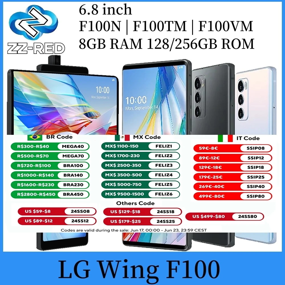 34799.0 12% OFFLg wing f100オリジナルのスマートフォンロック解除された電話6.8インチ8 GB 128 GB256GB回転デュアルスクリーン1 SIM画面