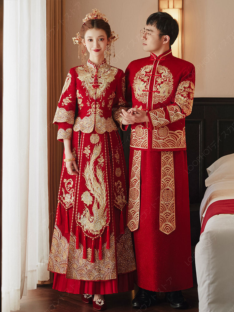 チャイナドレス ロング丈 マキシ丈 チャイナ ドレス 中国風結婚式秀禾服 花嫁ドレス 七分袖 改良中華ドレス 敬酒服 ワインレッド 金色な刺繍 中国風ウェディングドレス-95