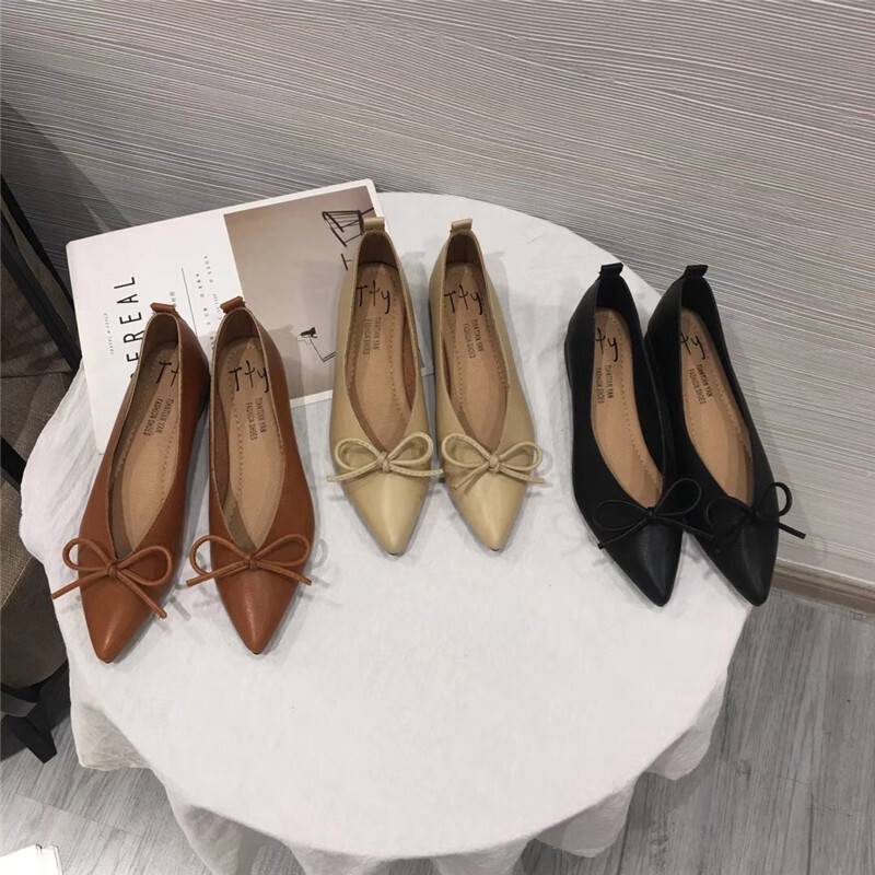 3color レディース シューズ 靴 パンプス ポインテッドトゥ リボン フラット フラットシュー