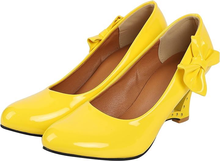 PUレザー リボン付き ハート型抜き ウェッジヒール パンプス レディース( イエロー, 25.5 cm) 5,151円