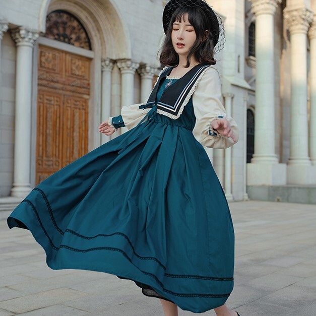 ワンピース ワンピドレス ロング丈 袖あり 長袖 ボリューム袖 パフスリーブ 襟付き セーラーカラー フレア Aライン プリーツ フリル リボン ハイウエスト かわいい 大人可愛い 上品 おしゃれ