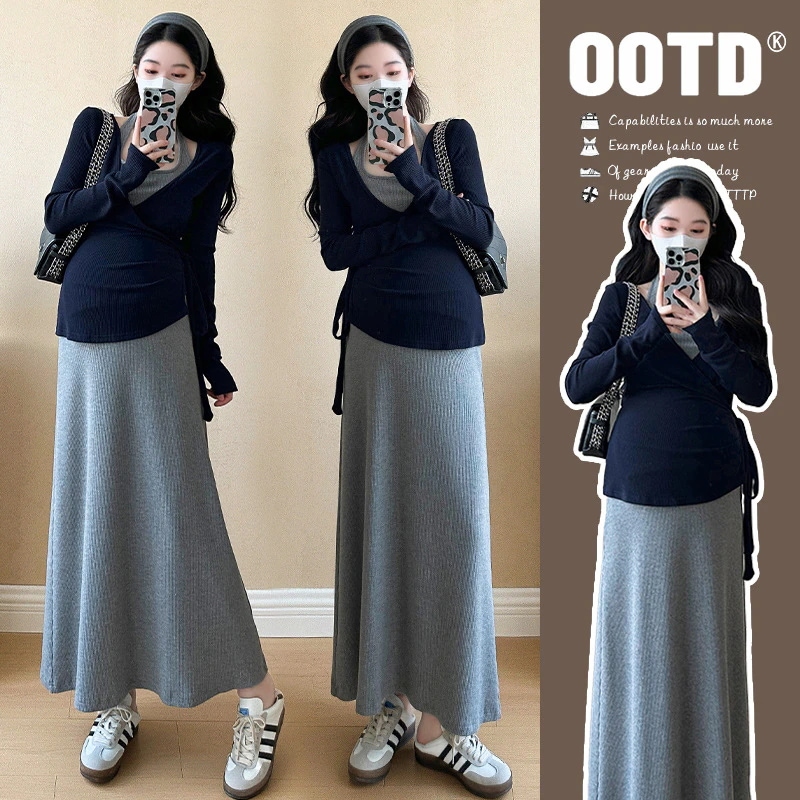 11 妊娠中の女性スーツ2025早春に長袖の薄ぶりのゆるいドローストリングトップフランスの大型ホルタードレス2ピースセット