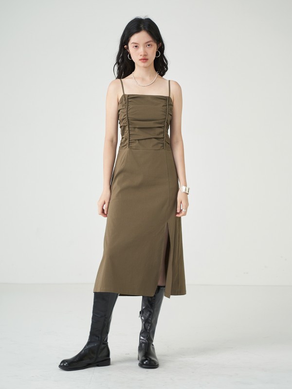 エッグタルトプリーツサスペンダードレス夏の新しいレトロな黒ウエストミッドレングススカート女性のための