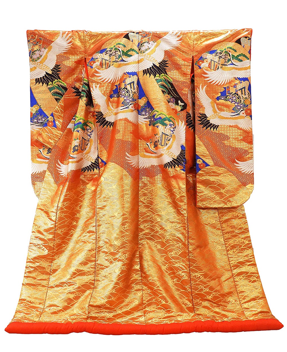 色打掛 未着用美品 正絹 吉祥舞鶴四季花模様 打掛 花嫁衣裳 婚礼 未使用 新古品 ブライダル ウエディング 着物 e3123