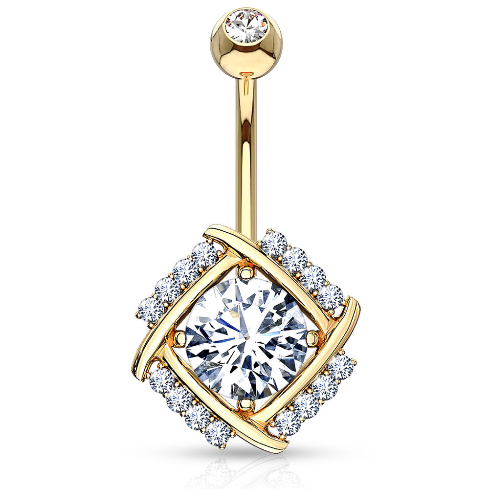 ヘソピアス 14G 14K ダイヤモンドカット ラウンドCZ バナナバーベル ボディピアス