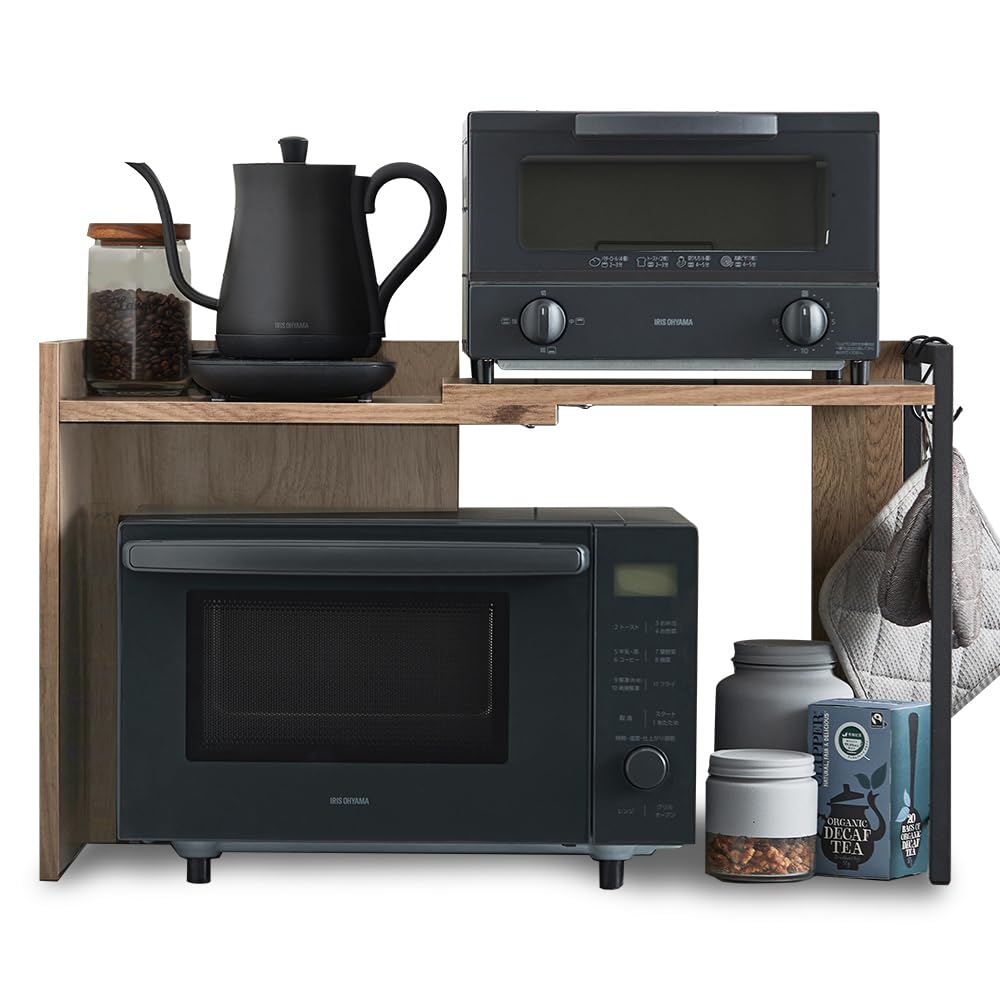 アイリスオーヤマ レンジラック レンジ台 キッチンラック 棚 キッチン収納 伸縮タイプ(幅約43cm~73.7cm) ブラック×アッシュブラウン キッチンスペース有効活用 天板高さ3段階調節可能 ワイ