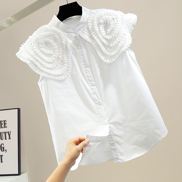 シャツ レディース 大きいサイズ トップス フリル レース 袖なし ノースリーブ 無地 ストライプ フロントボタン シングルブレスト かわいい 大人可愛い ルーズ カジュアル 大人 上品 お洒落 大人