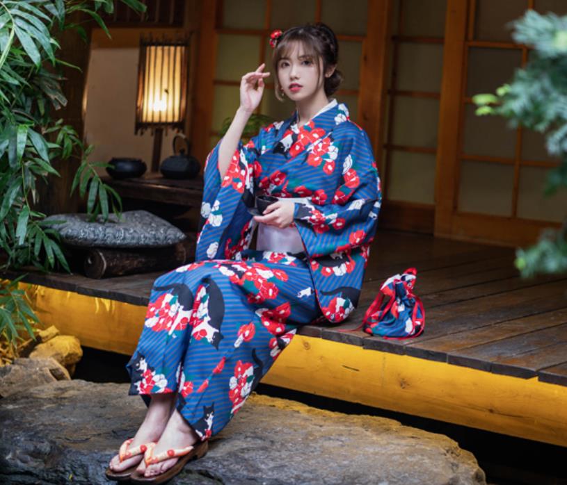 浴衣 レディース ゆかた 大人浴衣 女 かわいい エロ 大人 ファッション 安い きれい 華やか猫桜柄青 個性的