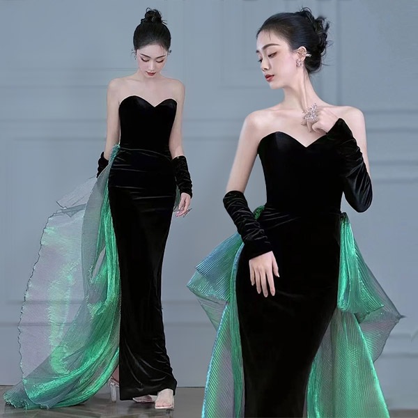 パーティードレス マーメイド ドレス 結婚式 ロングドレス 女性のドレス 演奏会 発表会 エレガントファッション 肩出し 美しいシルエット 曲線美 華やかドレス 披露宴 黑 二次会