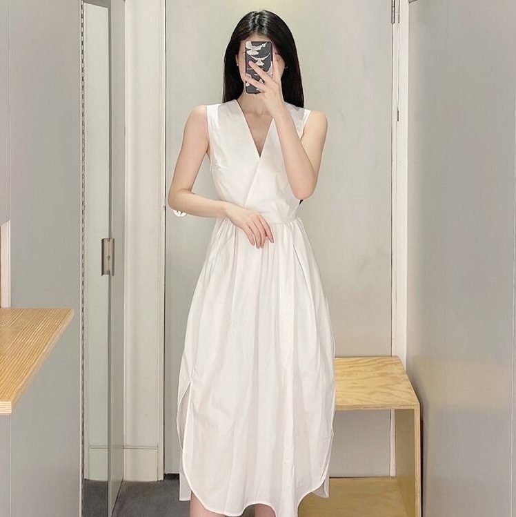 ワンピース 膝下 ミモレ ミモレ丈 ノースリーブ カシュクール Aライン 綿 コットン かわいい 大人可愛い きれいめ シンプル カジュアル 大人 上品 おしゃれ お洒落 かっこいい レトロ