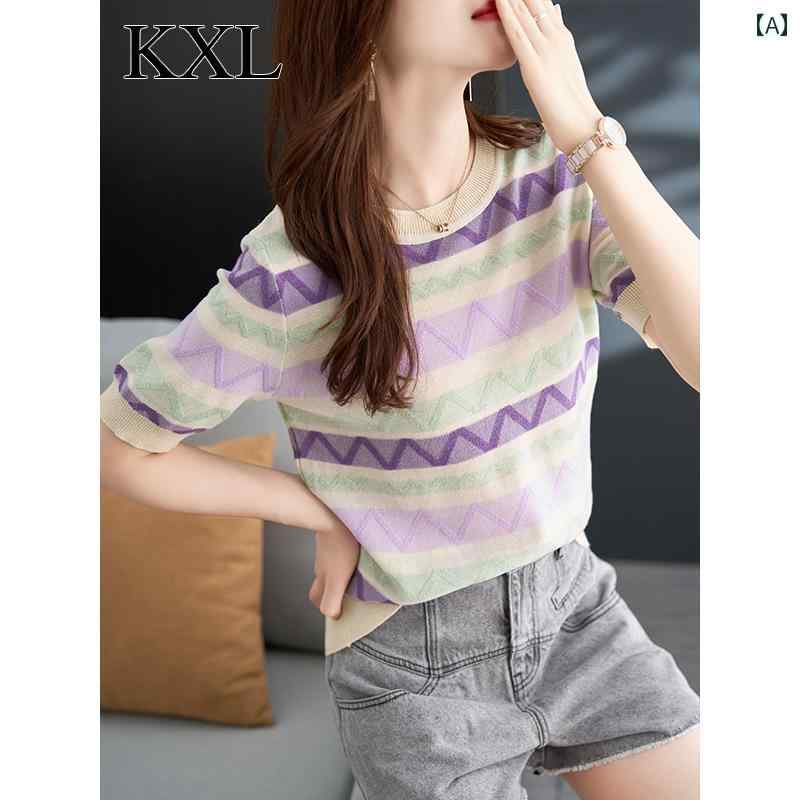 トップス レディース おしゃれ 上品 通勤 オフィス カジュアル ひんやり 快適 半袖 Tシャツ 夏 テンセル セーター カラーストライプ