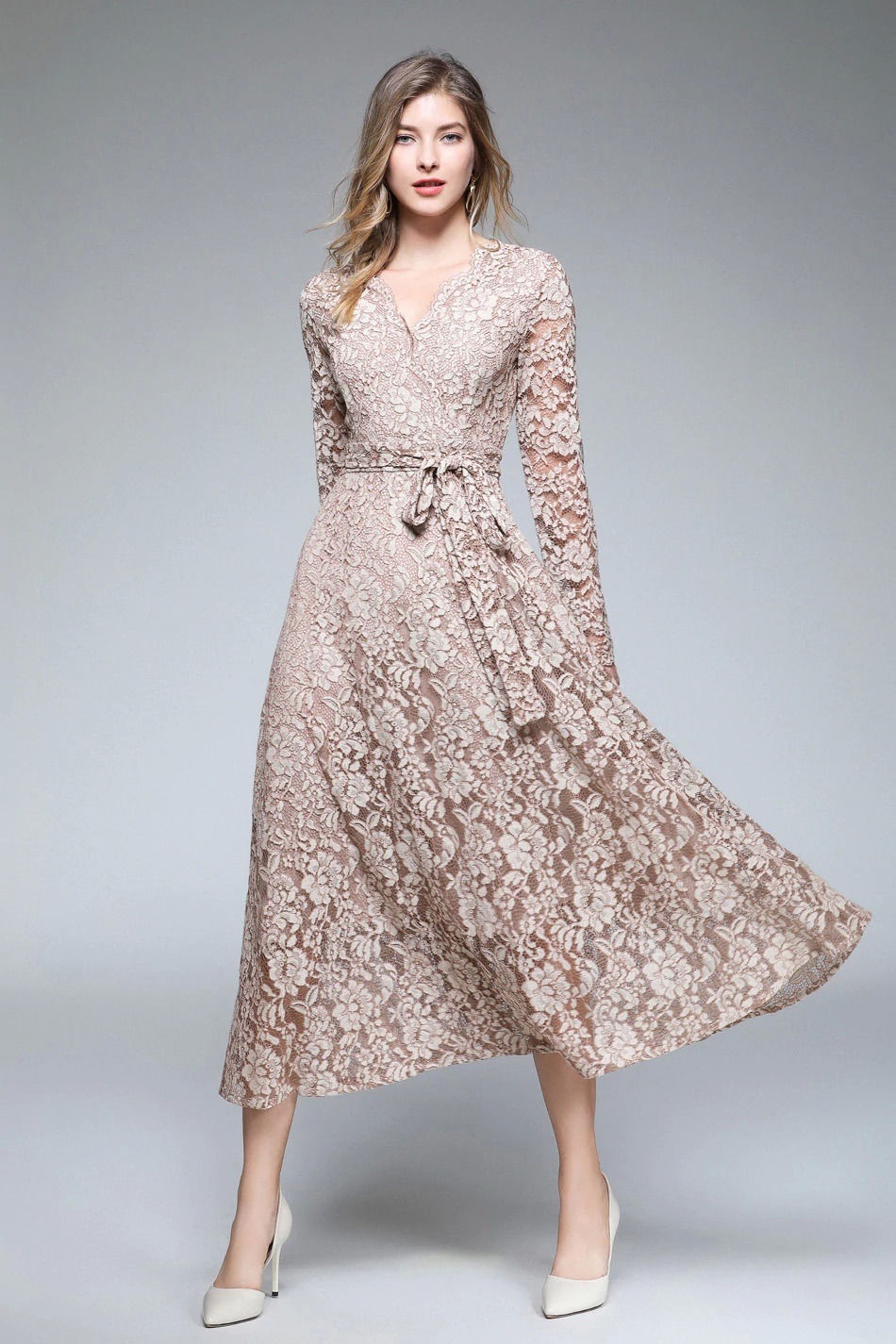 タイムセール ベージュ レ スワンピース 結婚式 ピンクベージュ リボン 長袖 大きいサイズ ロングワンピース デートコーデ エレガント 女子会 長袖ロング マキシ丈ワンピ サイズ L Qualitygb Do