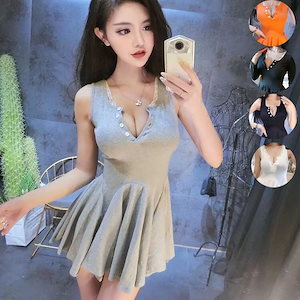セクシーな背の低いVネックボタン修身顕瘦ワンピース