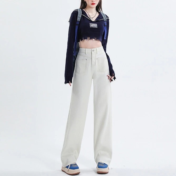 デニム激壳れ人気商品 脚長効果！デニムパンツ かっこいい！スラックスパンツ ストレートジーンズ 春夏 ハイウエスト ホワイト ゆったり ワイドパンツ