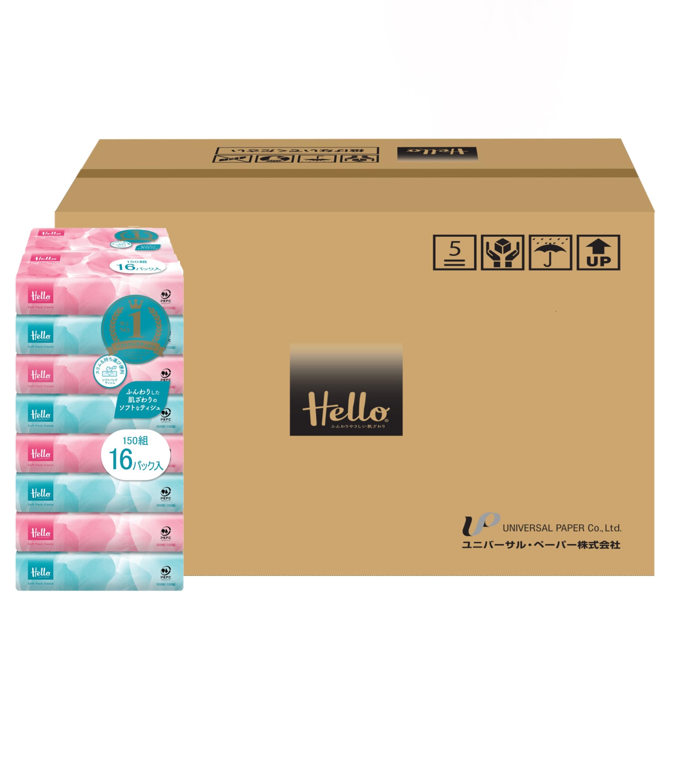 【ケース販売】ハロー ソフトパックティシュペーパー 300枚(150組) 16個 x 6パック 5215