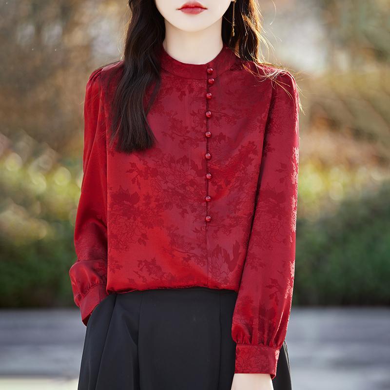 トップス シャツ レディース カジュアル おしゃれ レトロ パールボタン スタンドカラー ジャカード 長袖 ハイエンド アセテート サテンシャツ