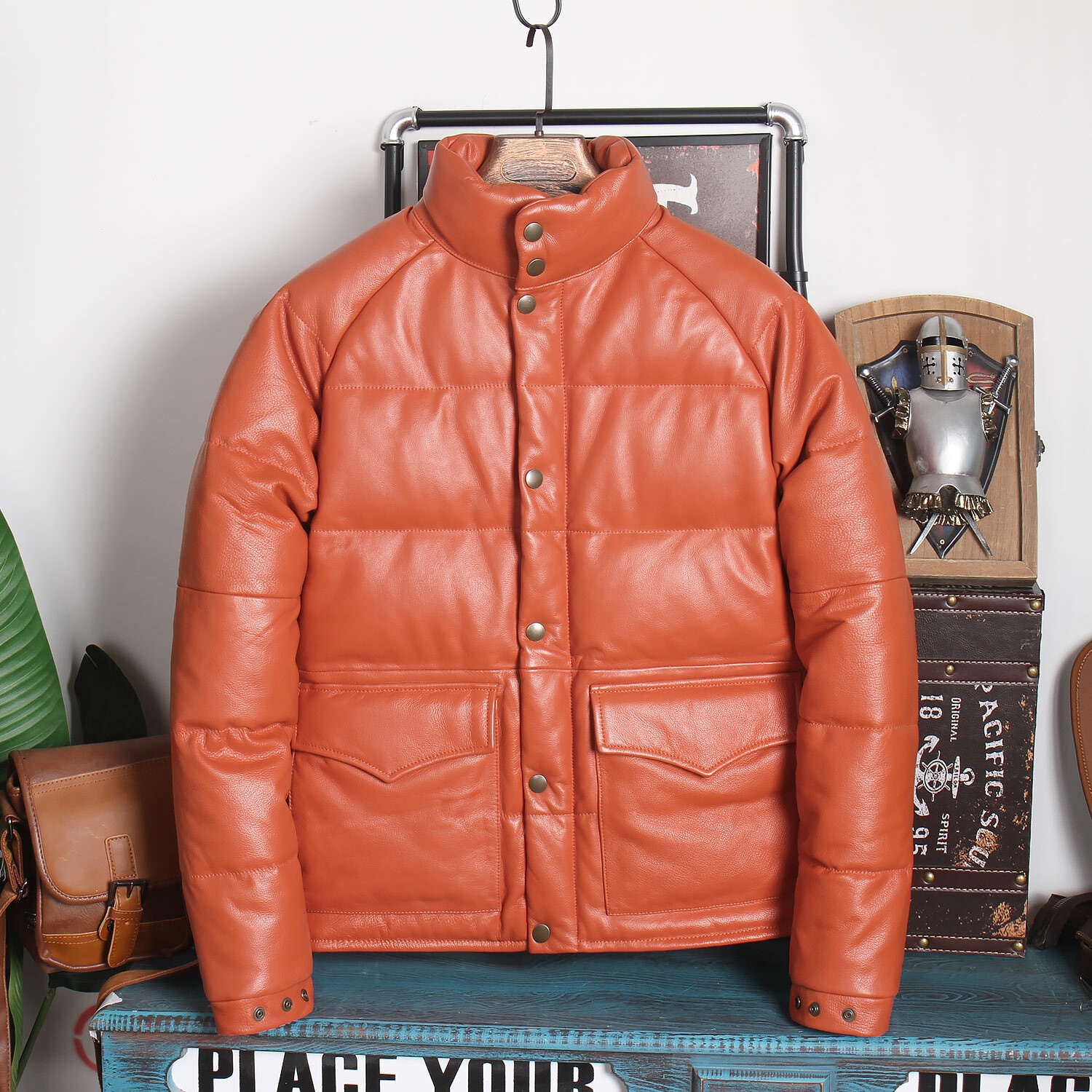 コウイチ　本革 ダウンジャケット メンズ 革ジャン レザージャケット ダウン3XLサイズ/オレンジ