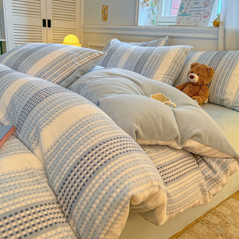 カテゴリー A ミルクフリース 4 点寝具セット: 高密度ワッフル質感の 3D 彫刻ベルベットコーラルフリース両面フリース裏地シーツ羽毛布団カバー