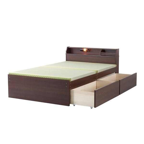 日本製 天然い草 収納ベッド [ハイタイプ セミダブル ダークブラウン] 引き出し付き