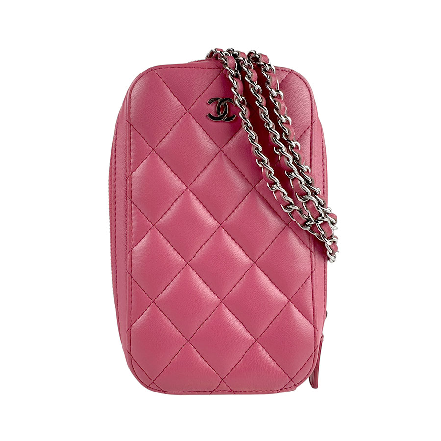 シャネル CHANEL 斜め掛けショルダーバッグ スマートフォン ポーチ マトラッセ レザー ピンク シルバー レディース z6023