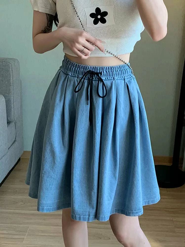 【送料無料】ライトブルー 韓国 お出かけ 学生 OL 無地 ラフ おしゃれ カジュアル シンプル 大人可愛い かわいい デニム ウエスト