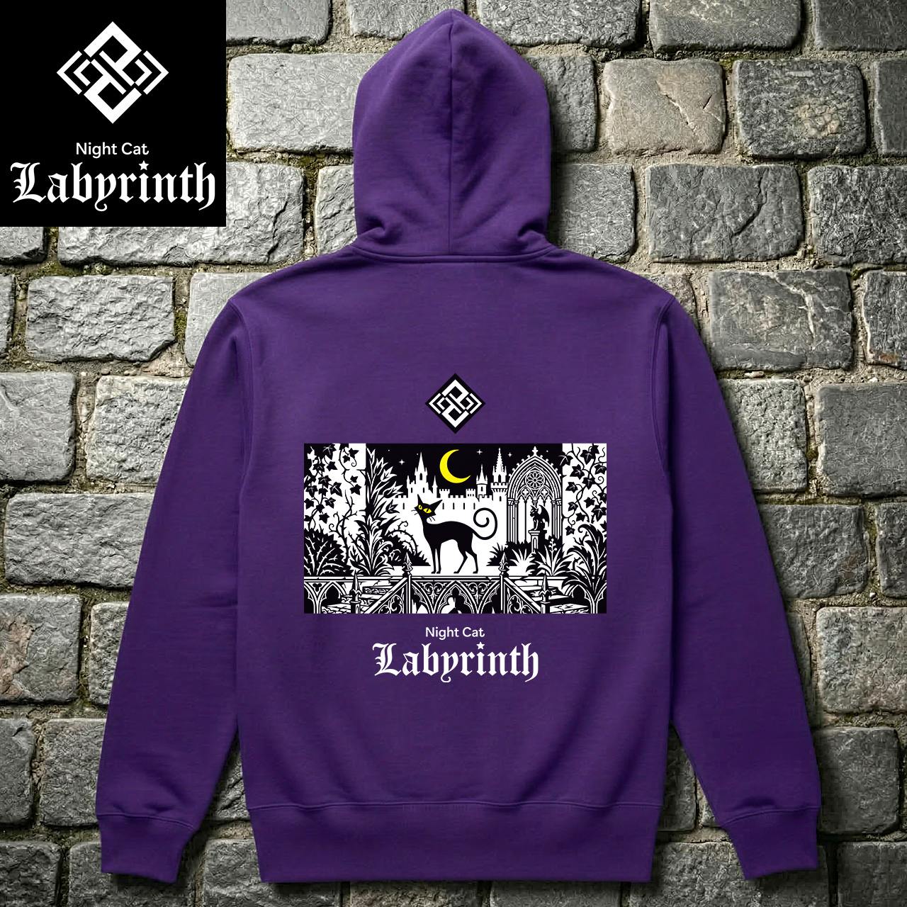【Night Cat Labyrinth】ナイトキャットラビリンス 『月光の庭園』 フルジップパーカー 10oz 裏パイル (パープル)　黒猫 ゴシック ダークファンタジー ストリートファッション