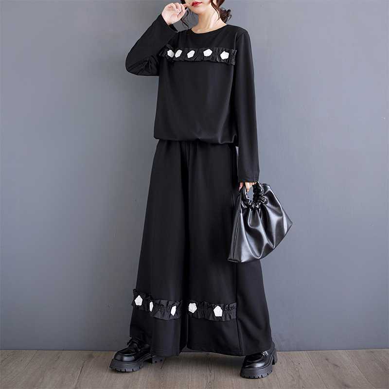 「ファットガール」 2024秋新品 上下セット 花飾り ドッキング 大きいサイズ 体型カバー レディース セットアップ メガ割30%制限