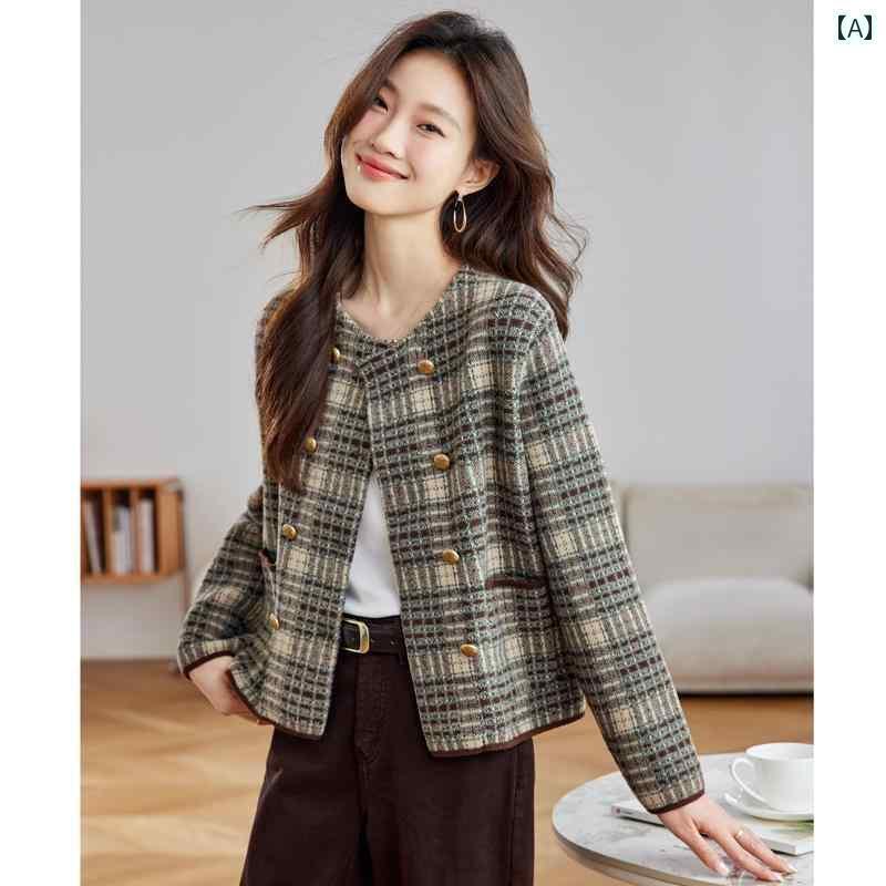 チェック柄 シャツ レディース 2025春秋 レディース ラウンドネック チェック 柄 ジャケット ショート スタイル の シャオチャン 風 ウール トップス