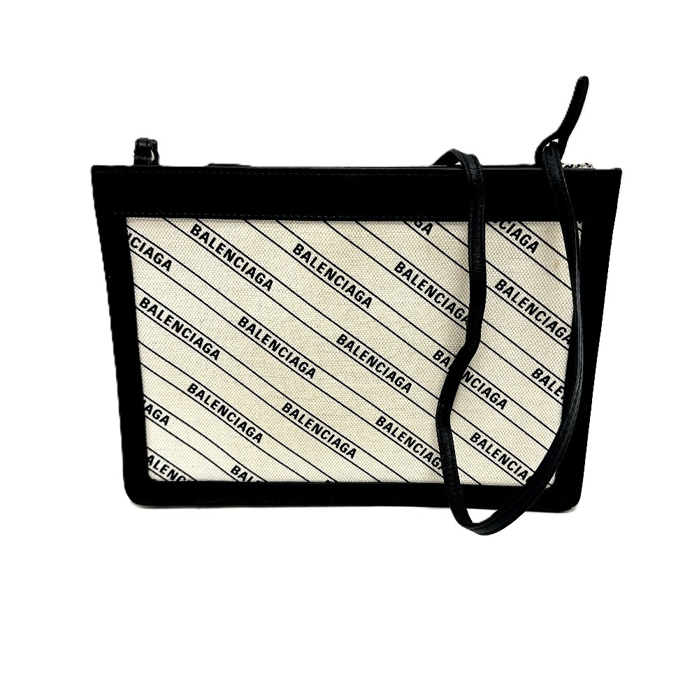 ショルダーバッグ 528147 総柄 ポシェット カバン 斜め掛け 肩掛け レザー/キャンバス ホワイト×ブラック