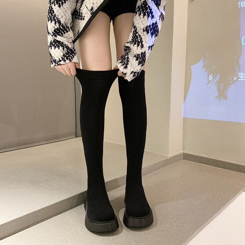スノーブーツ ニットブーツ 弾力性 ニーハイブーツ ソックスブーツ 厚底 セクシー ラウンドトゥ 大きいサイズ レディース ブーツ ニーハイブーツ