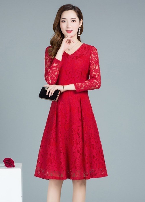 A1096.シースルーレースフレアワンピース（レッド）2019 春夏 sale ドレス エレガント お呼ばれ 結婚式 披露宴 パーティー 女子会 レストラン デート 100,000円