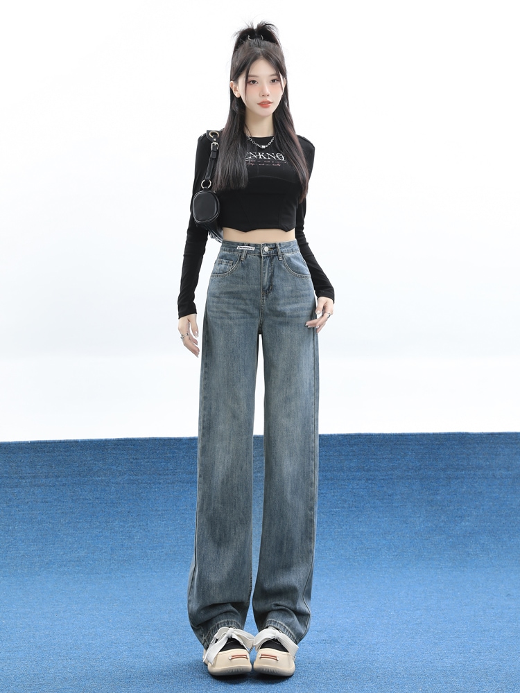 ハイウエストワイドジーンズ女性秋の新しい緩い狭いバージョンのレトロなアメリカンスタイルの細いストレートドラッグパンツ